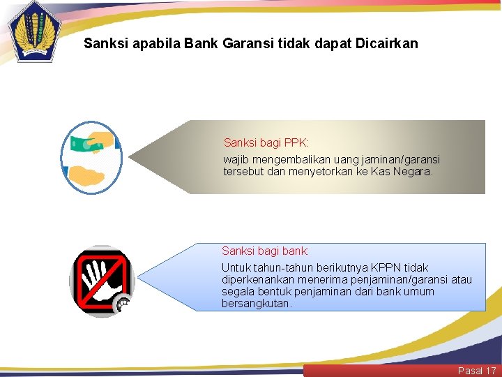 Sanksi apabila Bank Garansi tidak dapat Dicairkan Sanksi bagi PPK: wajib mengembalikan uang jaminan/garansi