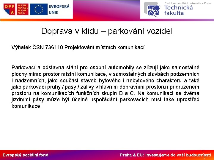 Doprava v klidu – parkování vozidel Výňatek ČSN 736110 Projektování místních komunikací Parkovací a