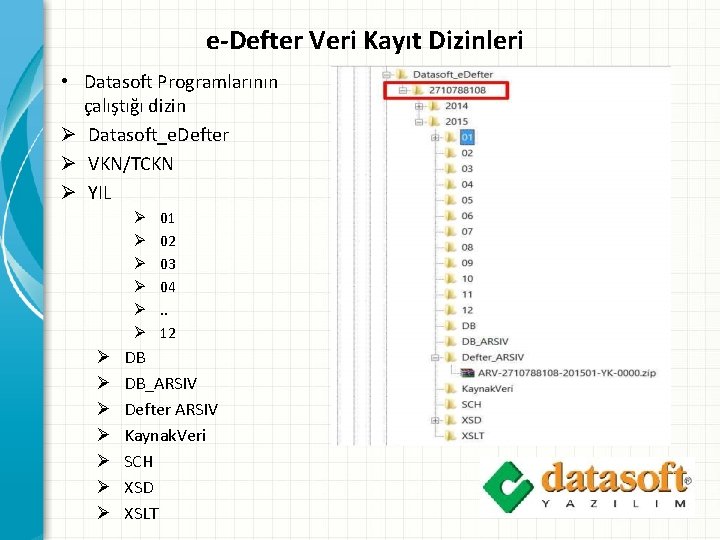 e-Defter Veri Kayıt Dizinleri • Datasoft Programlarının çalıştığı dizin Ø Datasoft_e. Defter Ø VKN/TCKN