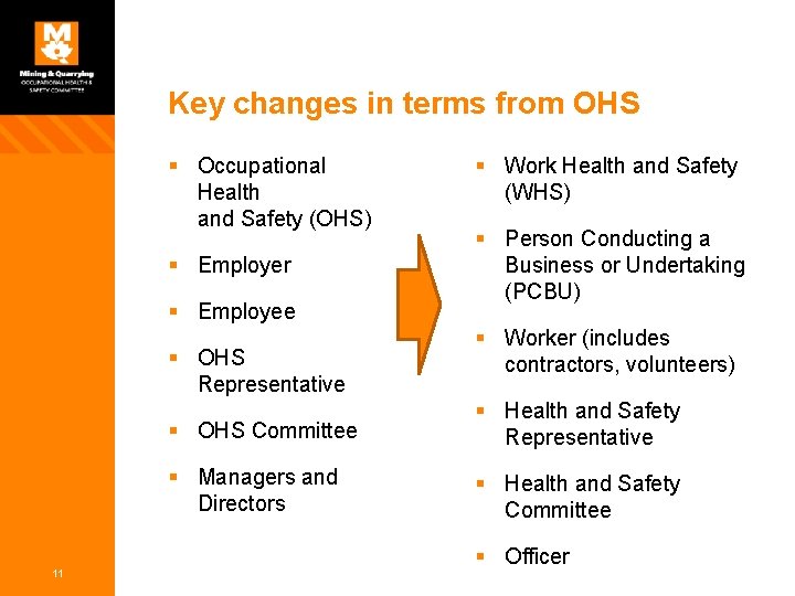 Key changes in terms from OHS § Occupational Health and Safety (OHS) § Employer