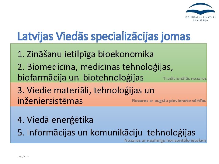 Latvijas Viedās specializācijas jomas 1. Zināšanu ietilpīga bioekonomika 2. Biomedicīna, medicīnas tehnoloģijas, Tradicionālās nozares
