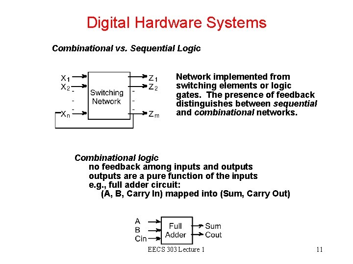 Digital Hardware Systems Combinational vs. Sequential Logic Network implemented from switching elements or logic