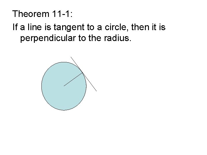 Theorem 11 -1: If a line is tangent to a circle, then it is