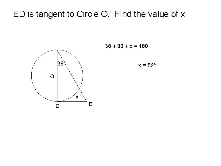 ED is tangent to Circle O. Find the value of x. 38 + 90