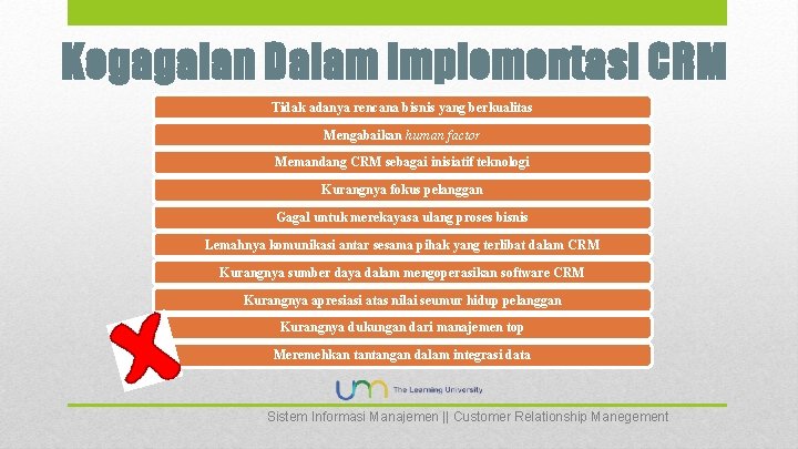 Kegagalan Dalam Implementasi CRM Tidak adanya rencana bisnis yang berkualitas Mengabaikan human factor Memandang