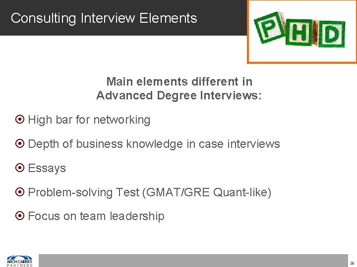 Consulting Interview Elements Main elements different in Advanced Degree Interviews: High bar for networking