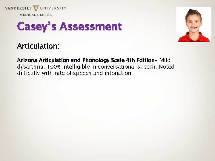 Casey’s Assessment Articulation: Arizona Articulation and Phonology Scale 4 th Edition- Mild dysarthria. 100%