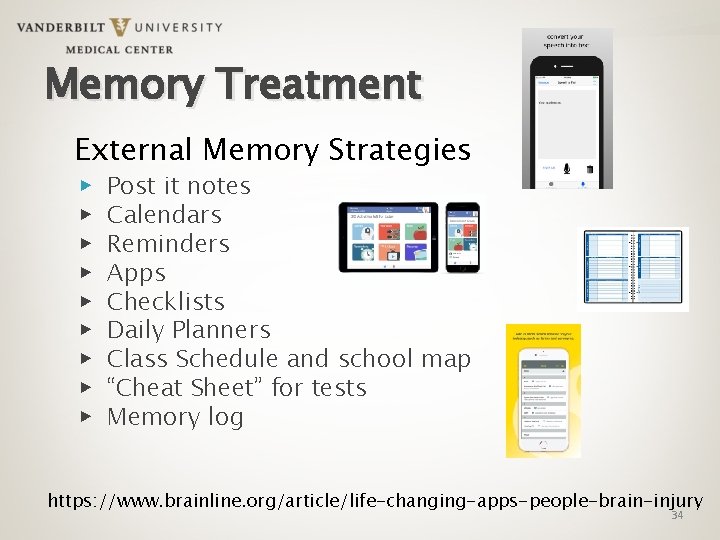Memory Treatment External Memory Strategies ▶ ▶ ▶ ▶ ▶ Post it notes Calendars