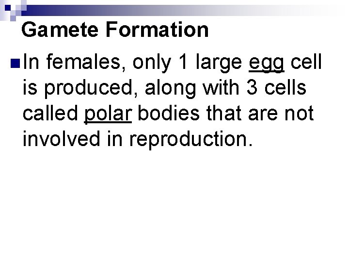 Gamete Formation n In females, only 1 large egg cell is produced, along with Gamete Formation n In females, only 1 large egg cell is produced, along with