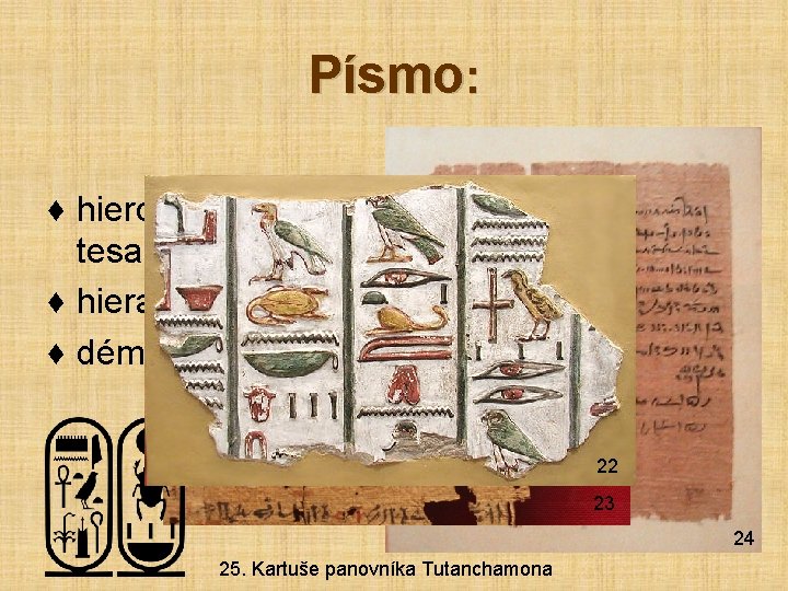 Písmo: ♦ hieroglyfické (posvátné, tesané) ♦ hieratické (kněžské) ♦ démotické (lidové) 22 23 24