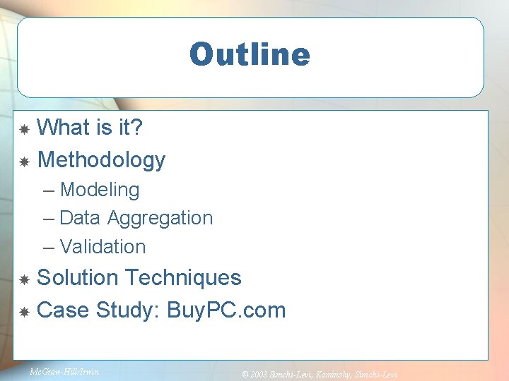 Outline What is it? Methodology – Modeling – Data Aggregation – Validation Solution Techniques