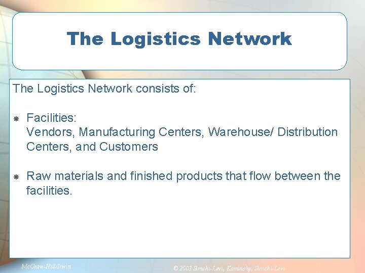 The Logistics Network consists of: Facilities: Vendors, Manufacturing Centers, Warehouse/ Distribution Centers, and Customers