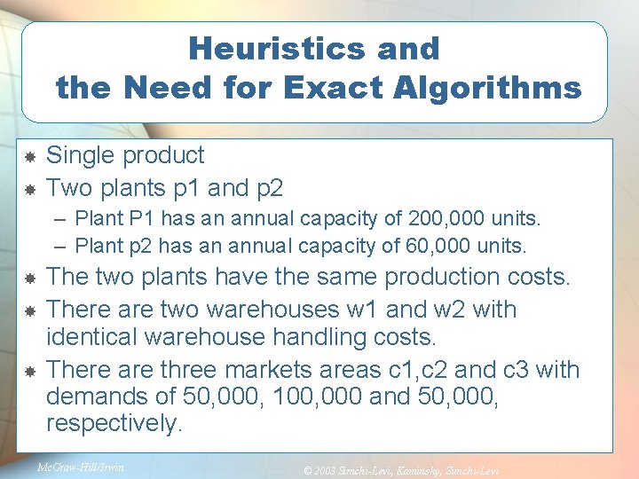 Heuristics and the Need for Exact Algorithms Single product Two plants p 1 and