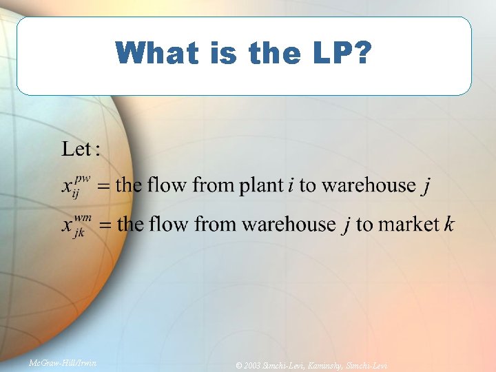 What is the LP? Mc. Graw-Hill/Irwin © 2003 Simchi-Levi, Kaminsky, Simchi-Levi 