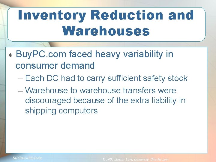 Inventory Reduction and Warehouses Buy. PC. com faced heavy variability in consumer demand –