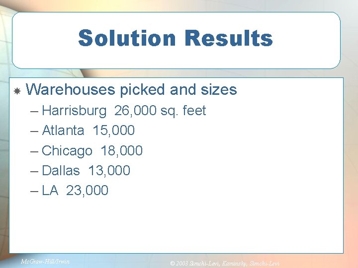 Solution Results Warehouses picked and sizes – Harrisburg 26, 000 sq. feet – Atlanta