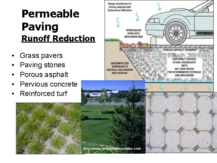 Permeable Paving Runoff Reduction • • • Grass pavers Paving stones Porous asphalt Pervious