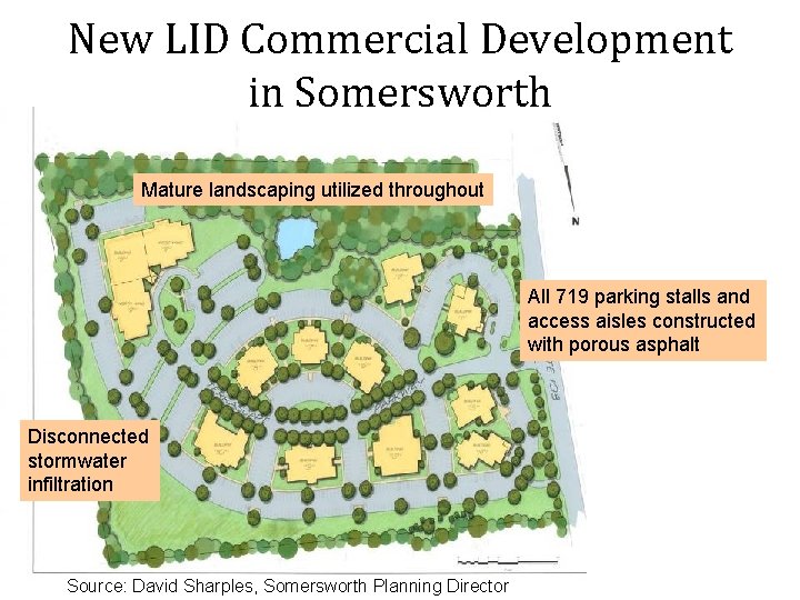New LID Commercial Development in Somersworth Mature landscaping utilized throughout All 719 parking stalls