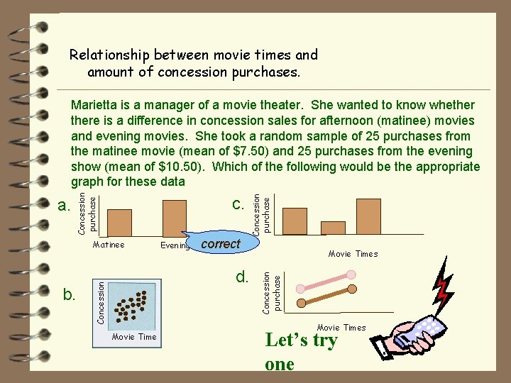 Relationship between movie times and amount of concession purchases. Matinee correct d. Concession b.
