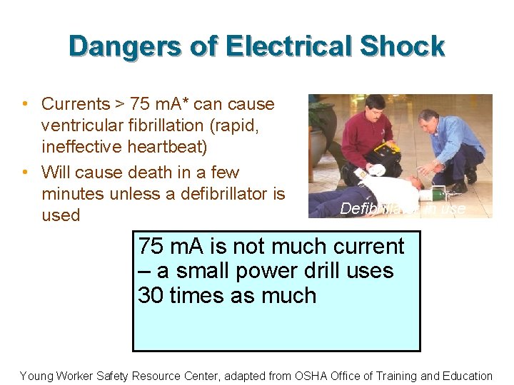 Dangers of Electrical Shock • Currents > 75 m. A* can cause ventricular fibrillation