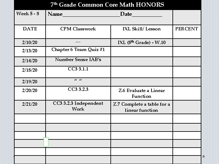 7 th Grade Common Core Math HONORS Week 5 - 8 Name___________Date______ DATE CPM