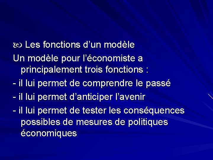  Les fonctions d’un modèle Un modèle pour l’économiste a principalement trois fonctions :