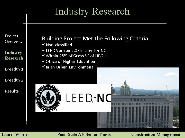 Industry Research Project Overview Industry Research Breadth 1 Building Project Met the Following Criteria: