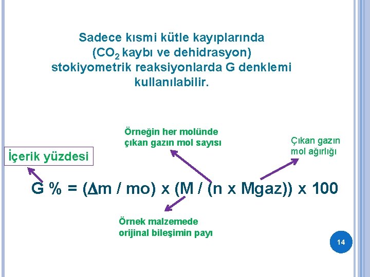 Sadece kısmi kütle kayıplarında (CO 2 kaybı ve dehidrasyon) stokiyometrik reaksiyonlarda G denklemi kullanılabilir.