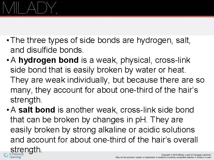  • The three types of side bonds are hydrogen, salt, and disulfide bonds.