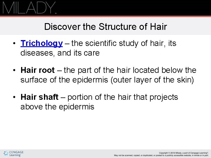 Discover the Structure of Hair • Trichology – the scientific study of hair, its