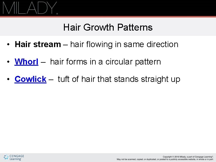 Hair Growth Patterns • Hair stream – hair flowing in same direction • Whorl