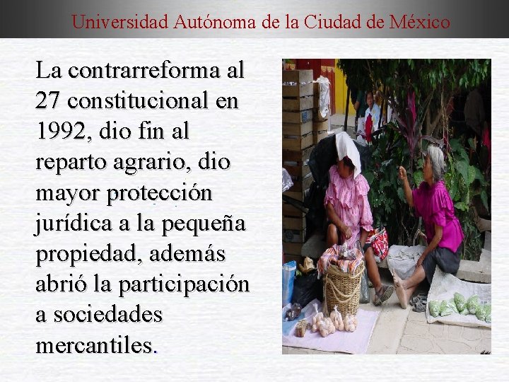 Universidad Autónoma de la Ciudad de México La contrarreforma al 27 constitucional en 1992,