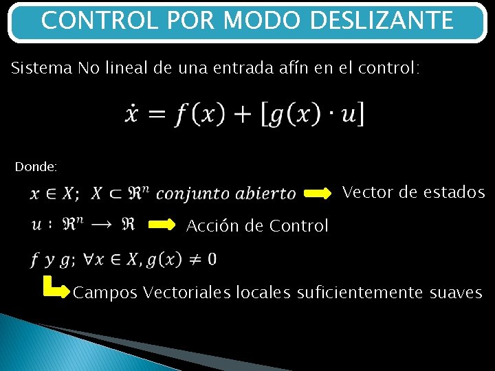 CONTROL POR MODO DESLIZANTE Sistema No lineal de una entrada afín en el control: