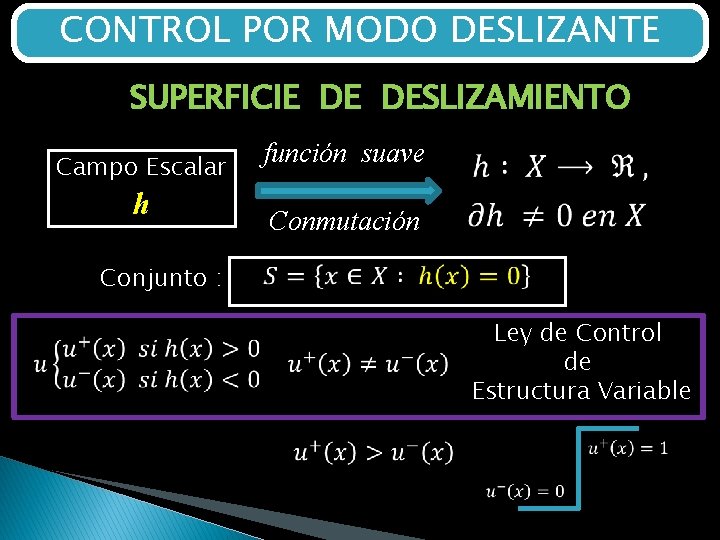 CONTROL POR MODO DESLIZANTE SUPERFICIE DE DESLIZAMIENTO Campo Escalar h función suave Conmutación Conjunto