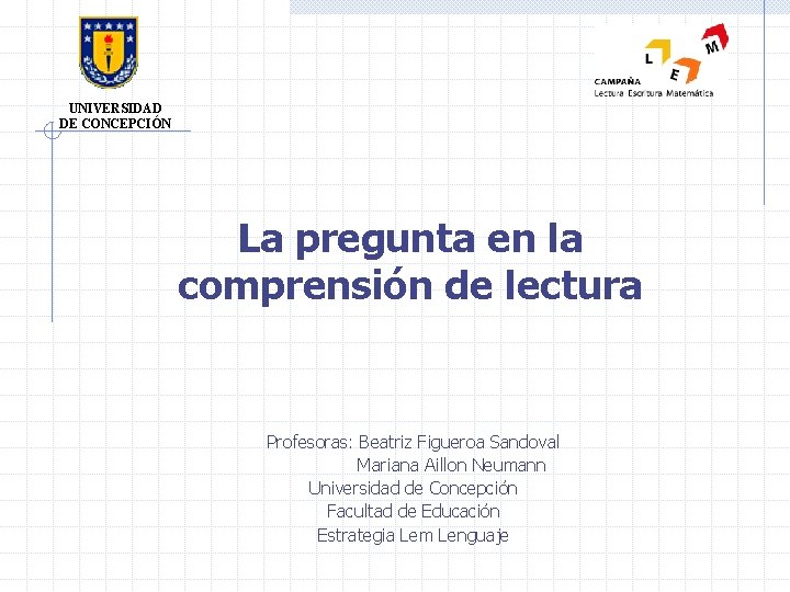 UNIVERSIDAD DE CONCEPCIÓN La pregunta en la comprensión de lectura Profesoras: Beatriz Figueroa Sandoval