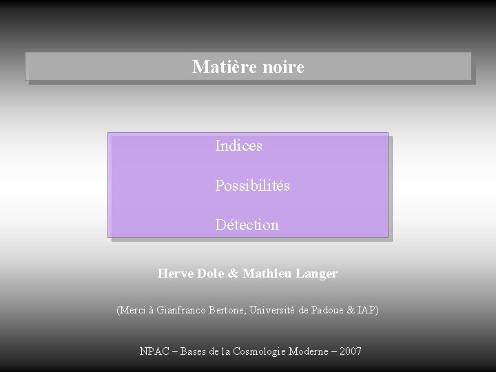 Matière noire Indices Possibilités Détection Herve Dole & Mathieu Langer (Merci à Gianfranco Bertone,