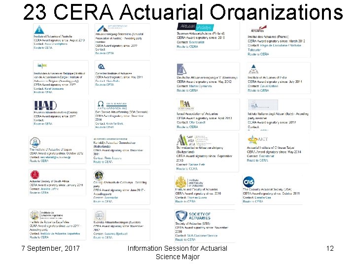 23 CERA Actuarial Organizations 7 September, 2017 Information Session for Actuarial Science Major 12 23 CERA Actuarial Organizations 7 September, 2017 Information Session for Actuarial Science Major 12