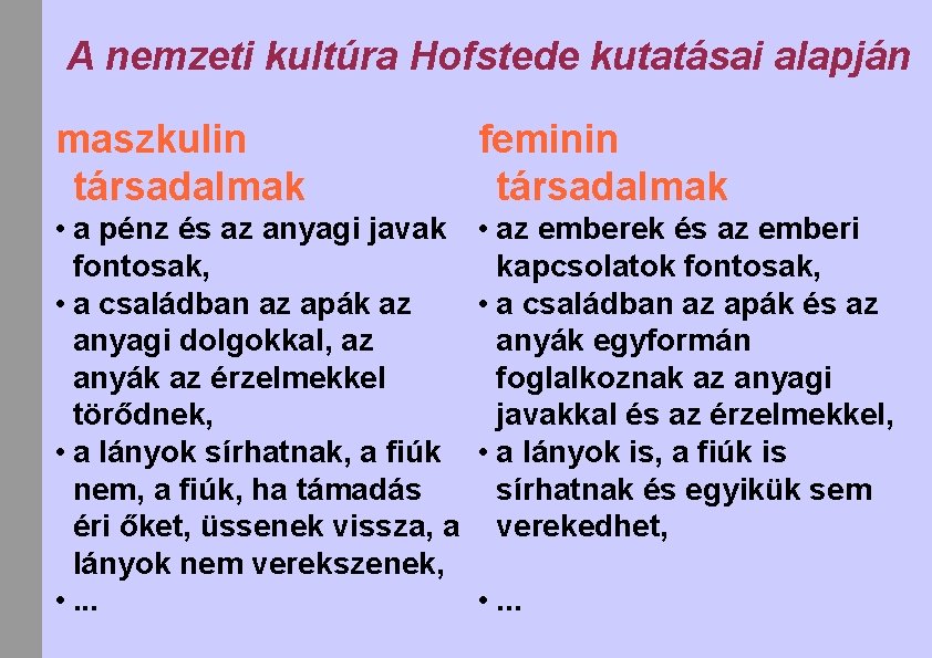 A nemzeti kultúra Hofstede kutatásai alapján maszkulin társadalmak feminin társadalmak • a pénz és