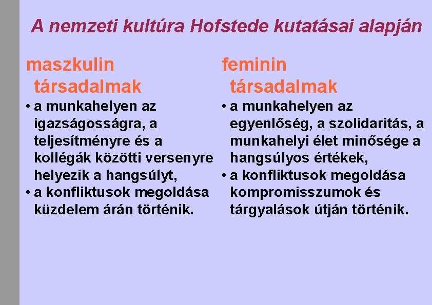 A nemzeti kultúra Hofstede kutatásai alapján maszkulin társadalmak feminin társadalmak • a munkahelyen az