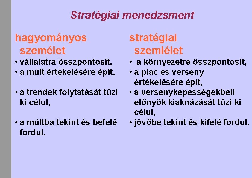 Stratégiai menedzsment hagyományos személet stratégiai szemlélet • vállalatra összpontosít, • a múlt értékelésére épít,