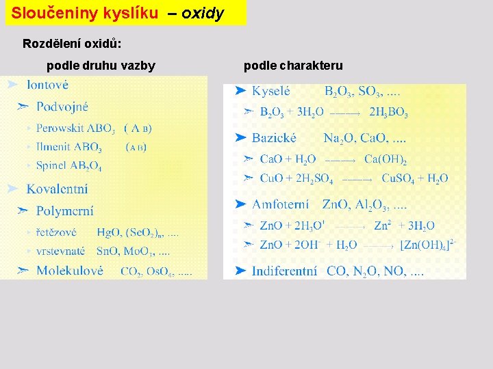 Sloučeniny kyslíku – oxidy Rozdělení oxidů: podle druhu vazby podle charakteru 