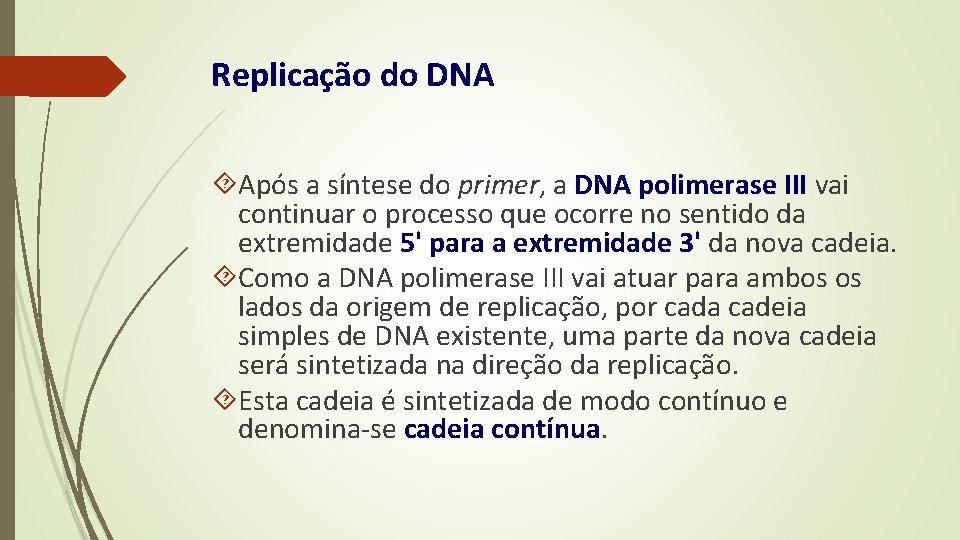 Replicação do DNA Após a síntese do primer, a DNA polimerase III vai continuar