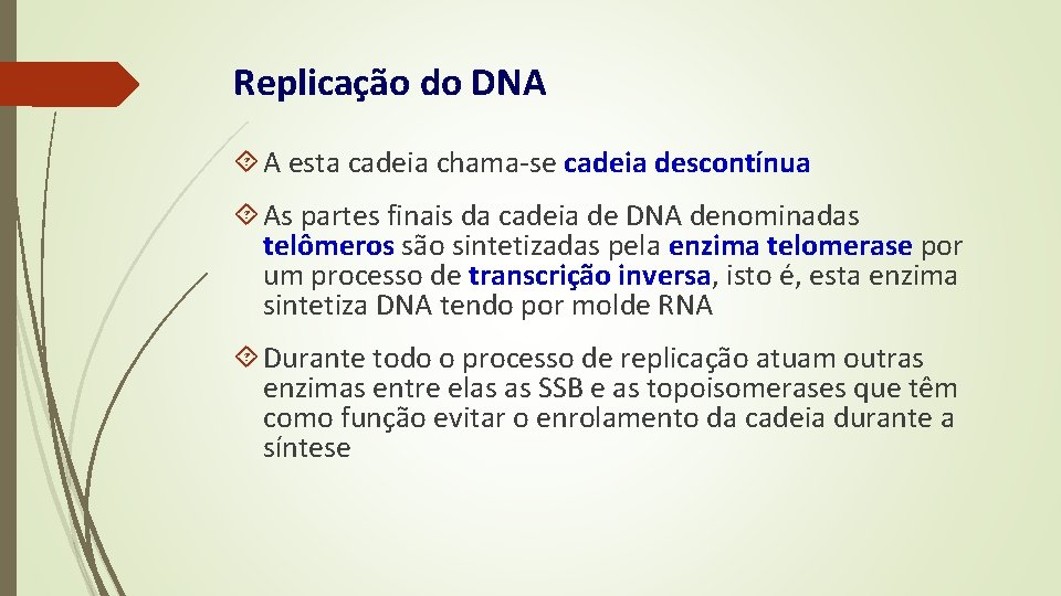 Replicação do DNA A esta cadeia chama-se cadeia descontínua As partes finais da cadeia