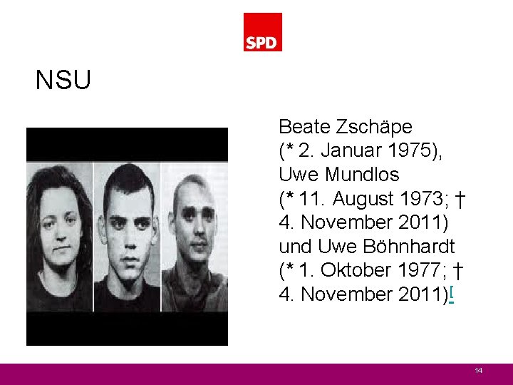 NSU Beate Zschäpe (* 2. Januar 1975), Uwe Mundlos (* 11. August 1973; †