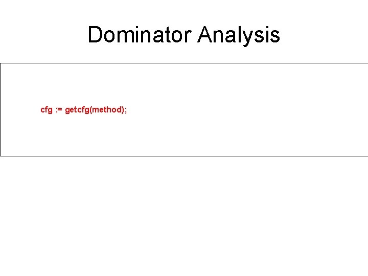Dominator Analysis visit(input, visitor { before method: Method -> { cfg : = getcfg(method); Dominator Analysis visit(input, visitor { before method: Method -> { cfg : = getcfg(method);