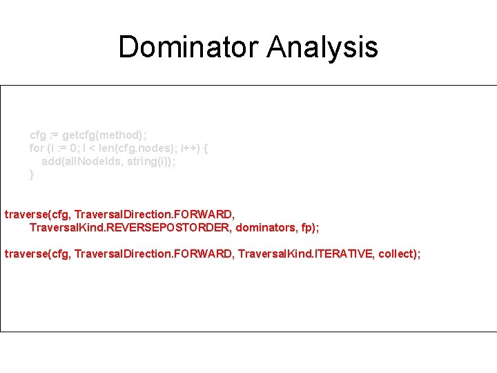 Dominator Analysis visit(input, visitor { before method: Method -> { cfg : = getcfg(method); Dominator Analysis visit(input, visitor { before method: Method -> { cfg : = getcfg(method);