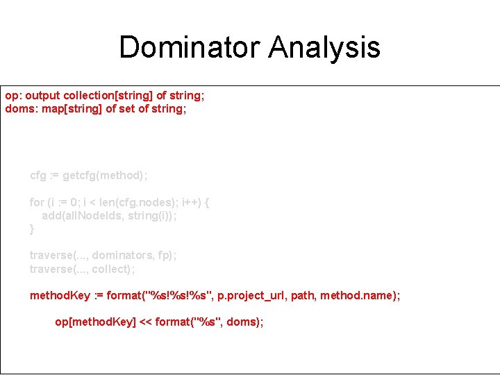 Dominator Analysis op: output collection[string] of string; doms: map[string] of set of string; visit(input,