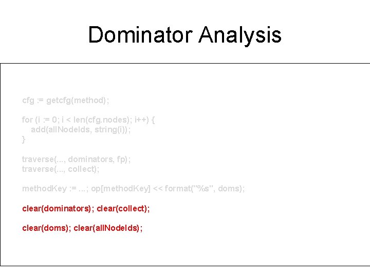 Dominator Analysis visit(input, visitor { before method: Method -> { cfg : = getcfg(method); Dominator Analysis visit(input, visitor { before method: Method -> { cfg : = getcfg(method);