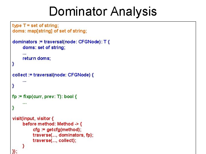 Dominator Analysis type T = set of string; doms: map[string] of set of string;