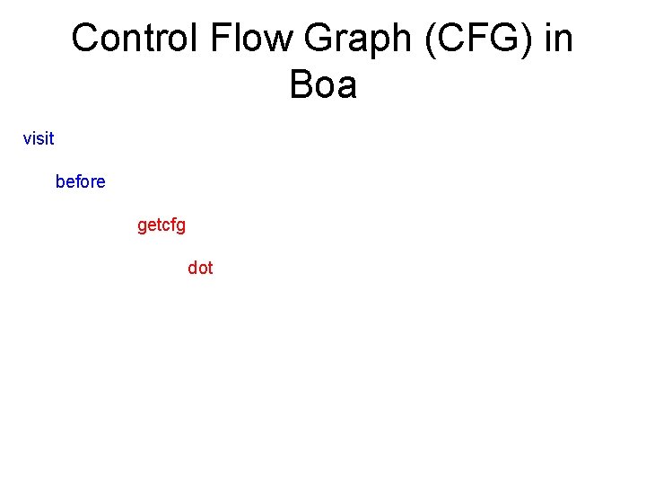 Control Flow Graph (CFG) in Boa Accessing CFG of a method visit(input, visitor { Control Flow Graph (CFG) in Boa Accessing CFG of a method visit(input, visitor {
